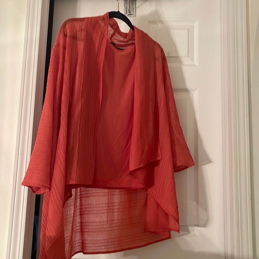 Travelers by Chicos sheer dark/burnt orange sheath and solid orange tank EUC